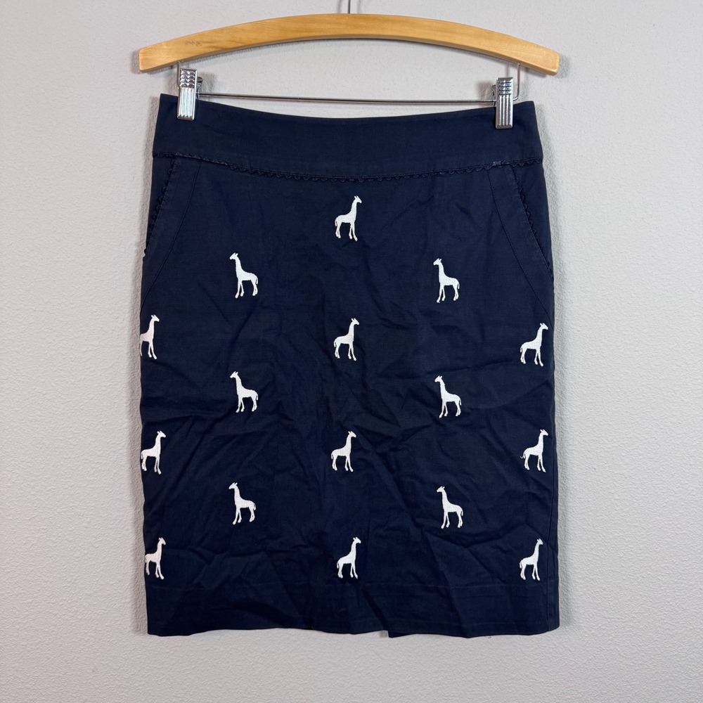 Anthropologie Leifnotes Giraffe Embroidered Pencil Skirt Navy Blue Preppy Twee 4